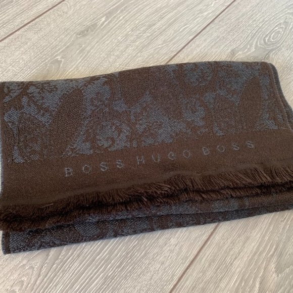HUGO BOSS Paisley Brown Blue Wool Scarf - Picture 1 of 5